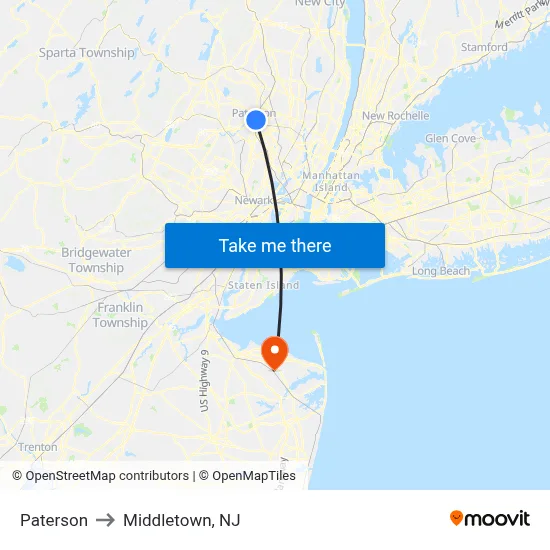 Paterson to Middletown, NJ map