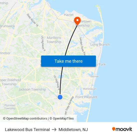 Lakewood Bus Terminal to Middletown, NJ map