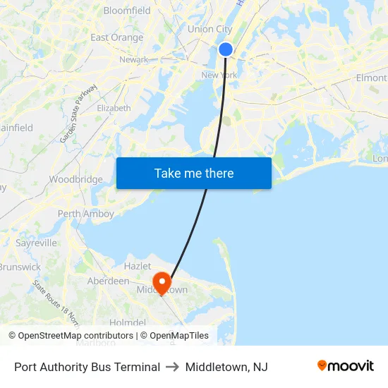 Port Authority Bus Terminal to Middletown, NJ map