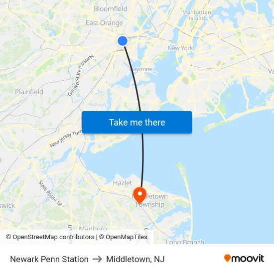 Newark Penn Station to Middletown, NJ map