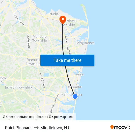Point Pleasant to Middletown, NJ map