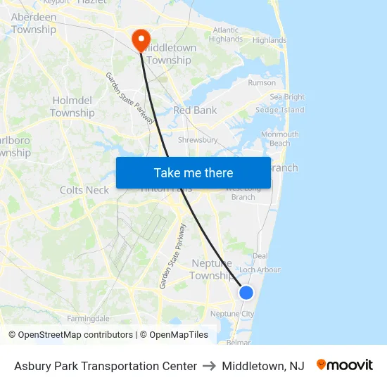 Asbury Park Transportation Center to Middletown, NJ map