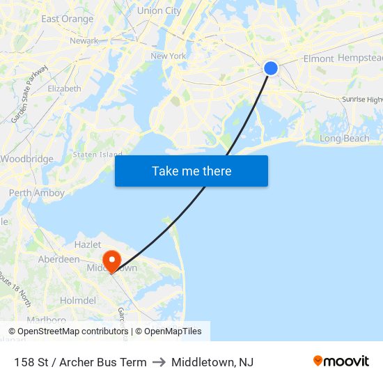 158 St / Archer Bus Term to Middletown, NJ map