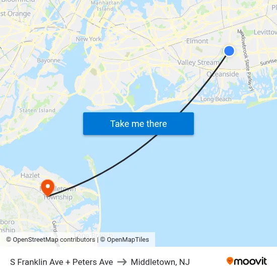 S Franklin Ave + Peters Ave to Middletown, NJ map