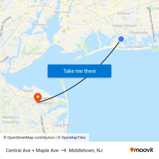 Central Ave + Maple Ave to Middletown, NJ map
