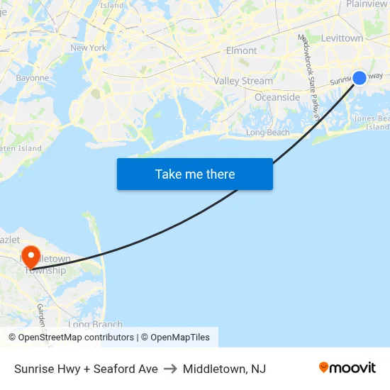 Sunrise Hwy + Seaford Ave to Middletown, NJ map