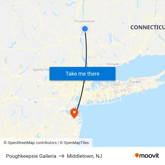 Poughkeepsie Galleria to Middletown, NJ map