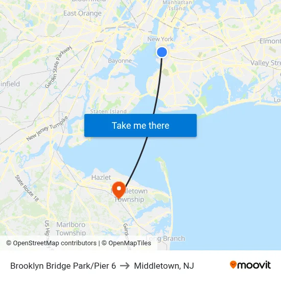 Brooklyn Bridge Park/Pier 6 to Middletown, NJ map