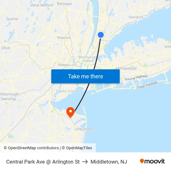 Central Park Ave @ Arlington St to Middletown, NJ map