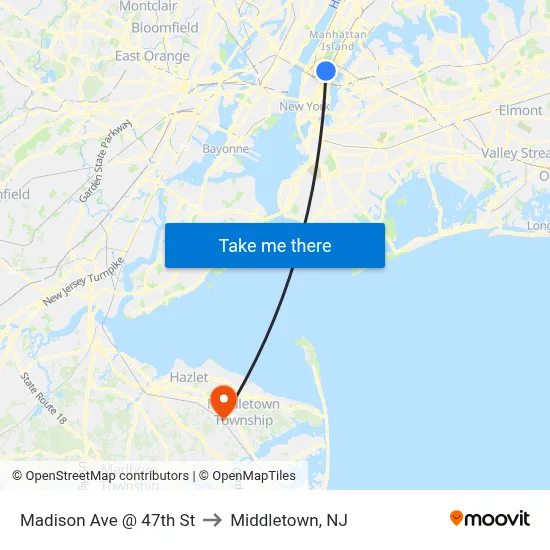 Madison Ave @ 47th St to Middletown, NJ map