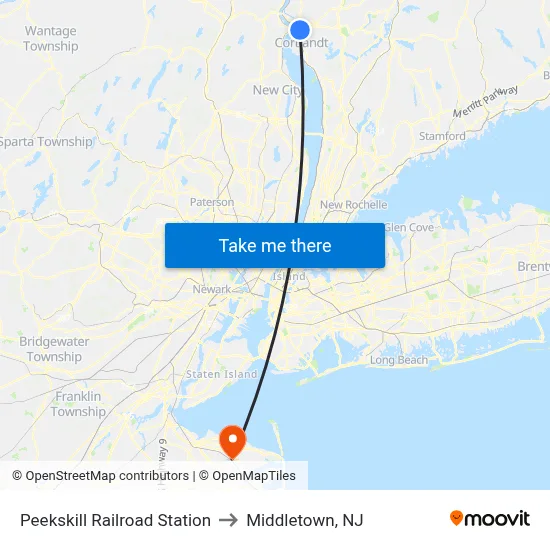 Peekskill Railroad Station to Middletown, NJ map