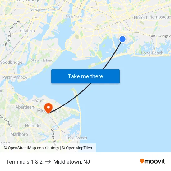 Terminals 1 & 2 to Middletown, NJ map