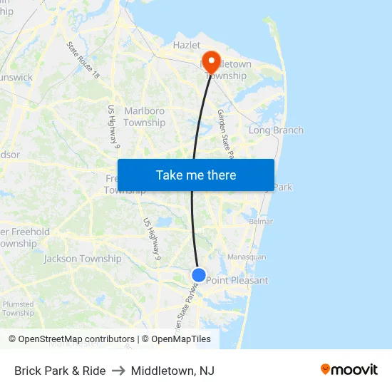 Brick Park & Ride to Middletown, NJ map