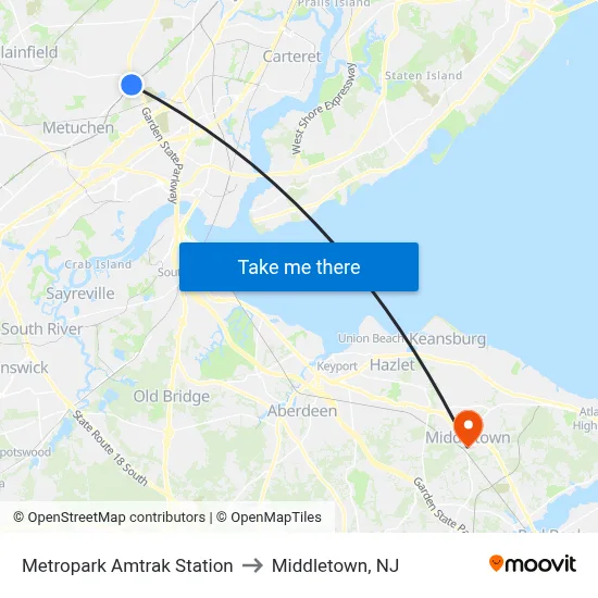 Metropark Amtrak Station to Middletown, NJ map