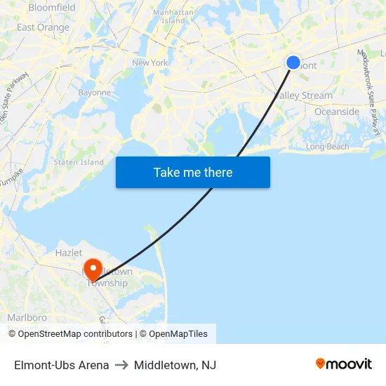 Elmont-Ubs Arena to Middletown, NJ map