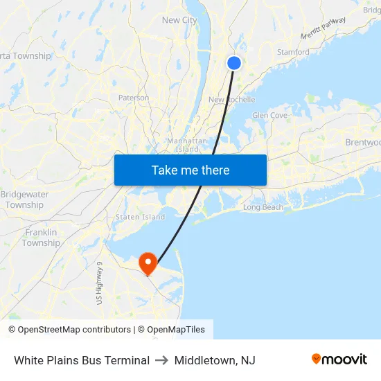 White Plains Bus Terminal to Middletown, NJ map