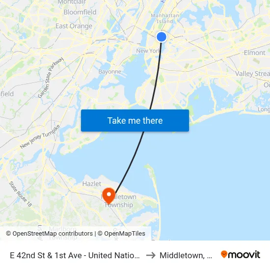 E 42nd St & 1st Ave - United Nations to Middletown, NJ map