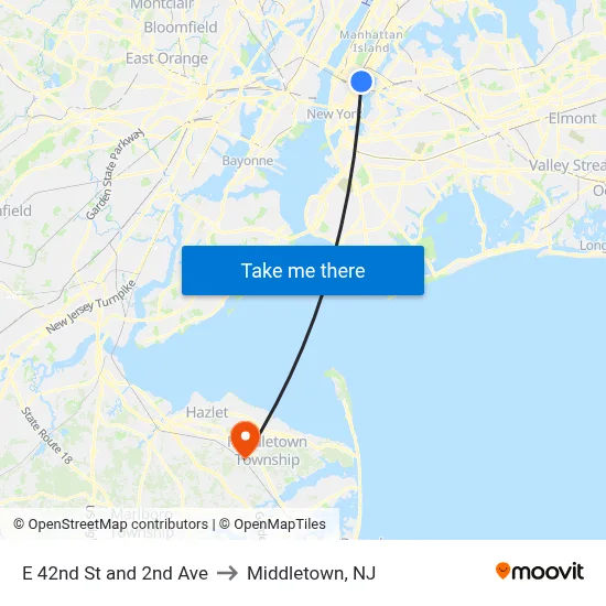E 42nd St and 2nd Ave to Middletown, NJ map