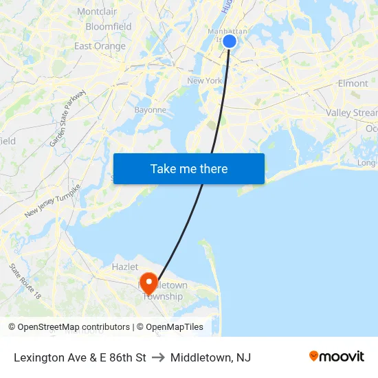 Lexington Ave & E 86th St to Middletown, NJ map