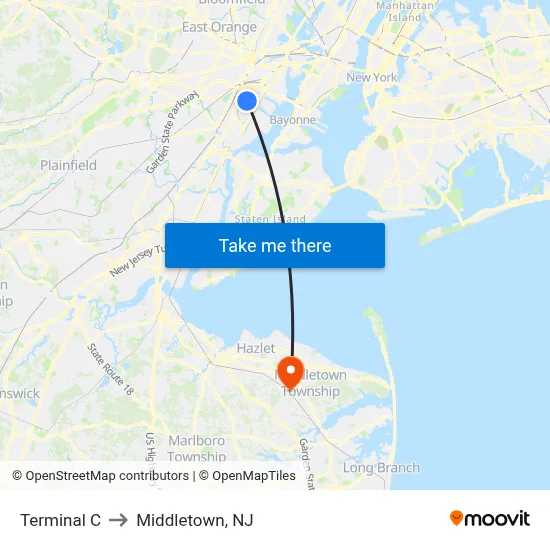 Terminal C to Middletown, NJ map