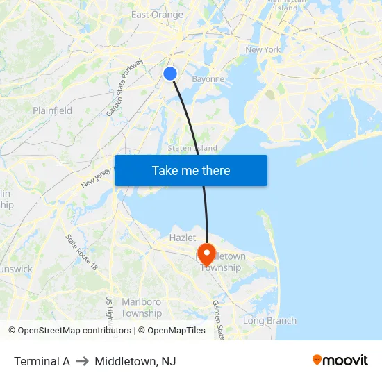 Terminal A to Middletown, NJ map