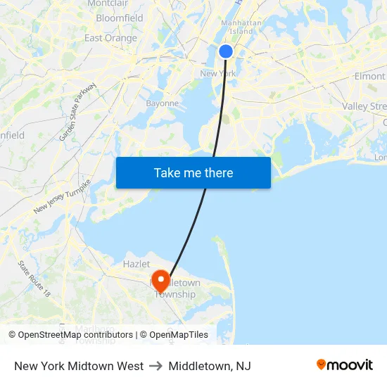 New York Midtown West to Middletown, NJ map