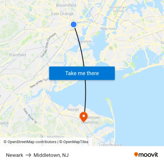 Newark to Middletown, NJ map