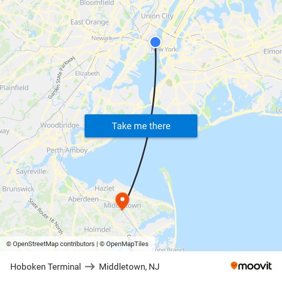 Hoboken Terminal to Middletown, NJ map