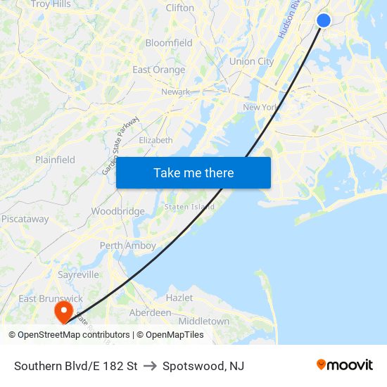 Southern Blvd/E 182 St to Spotswood, NJ map