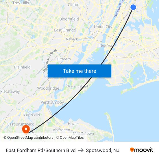 East Fordham Rd/Southern Blvd to Spotswood, NJ map