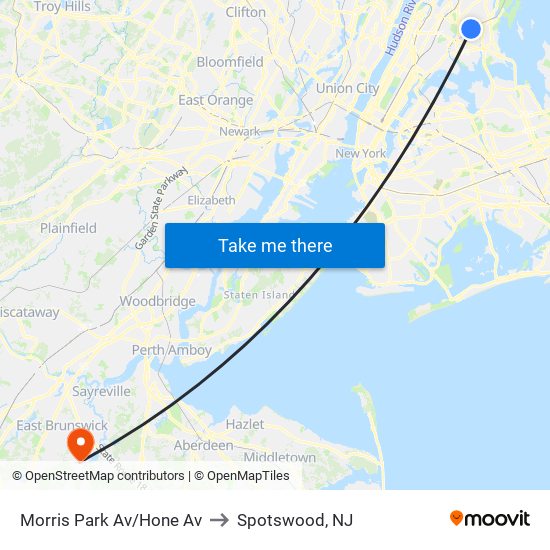 Morris Park Av/Hone Av to Spotswood, NJ map