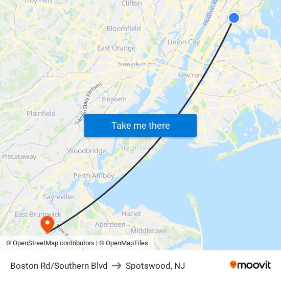 Boston Rd/Southern Blvd to Spotswood, NJ map