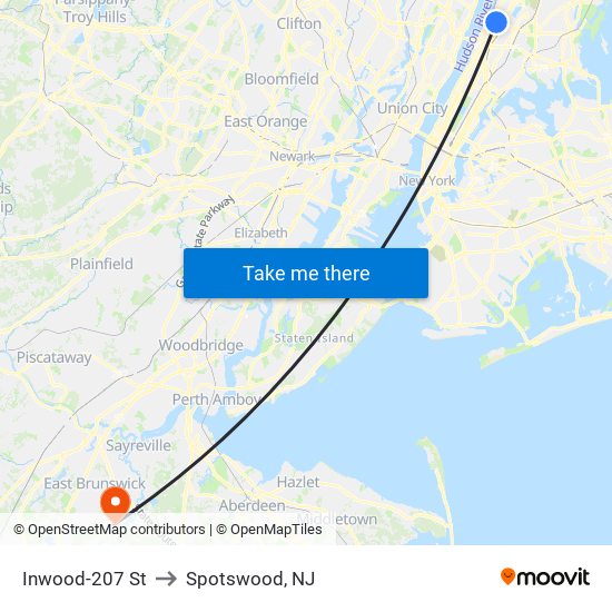 Inwood-207 St to Spotswood, NJ map
