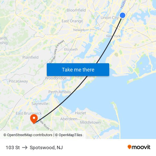 103 St to Spotswood, NJ map