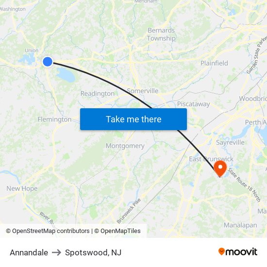 Annandale to Spotswood, NJ map