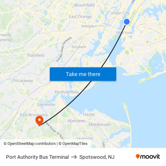 Port Authority Bus Terminal to Spotswood, NJ map
