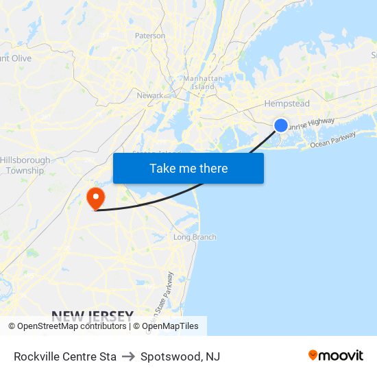 Rockville Centre Sta to Spotswood, NJ map