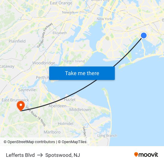 Lefferts Blvd to Spotswood, NJ map