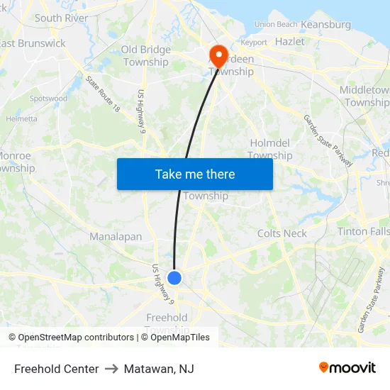 Freehold Center to Matawan, NJ map