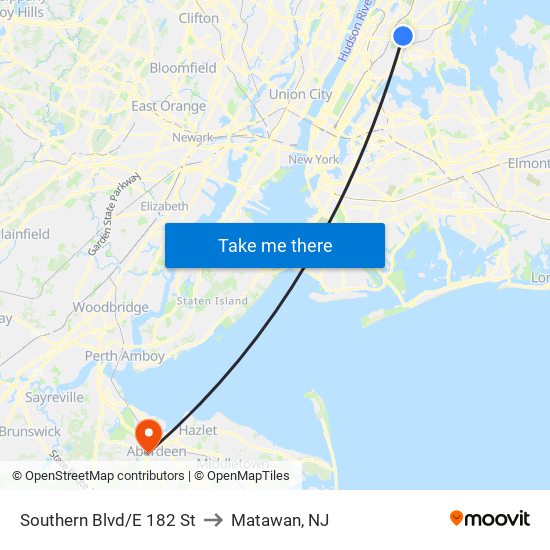 Southern Blvd/E 182 St to Matawan, NJ map