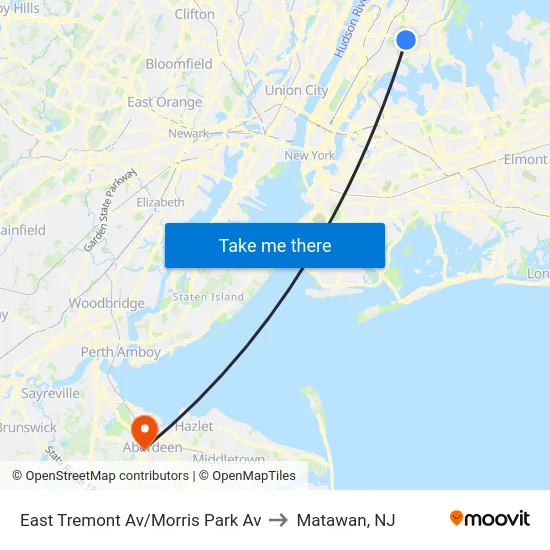 East Tremont Av/Morris Park Av to Matawan, NJ map