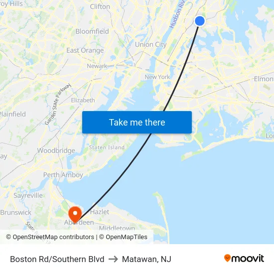 Boston Rd/Southern Blvd to Matawan, NJ map