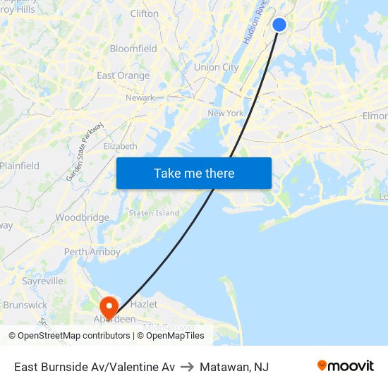 East Burnside Av/Valentine Av to Matawan, NJ map