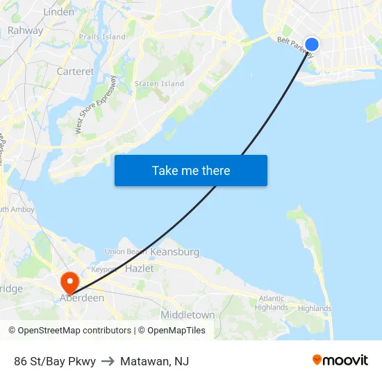 86 St/Bay Pkwy to Matawan, NJ map
