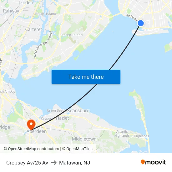 Cropsey Av/25 Av to Matawan, NJ map