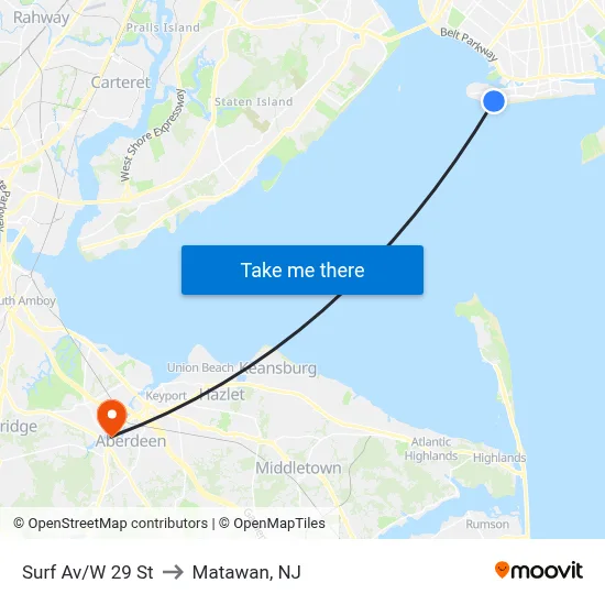Surf Av/W 29 St to Matawan, NJ map