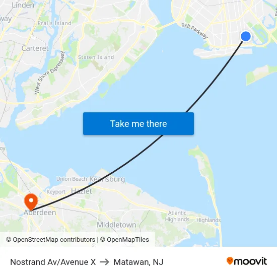 Nostrand Av/Avenue X to Matawan, NJ map