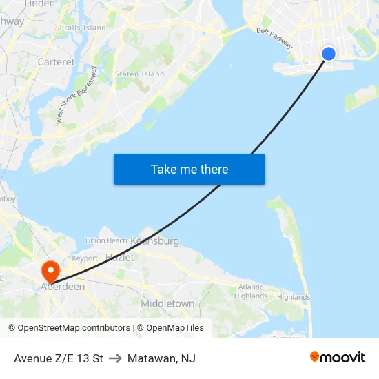 Avenue Z/E 13 St to Matawan, NJ map