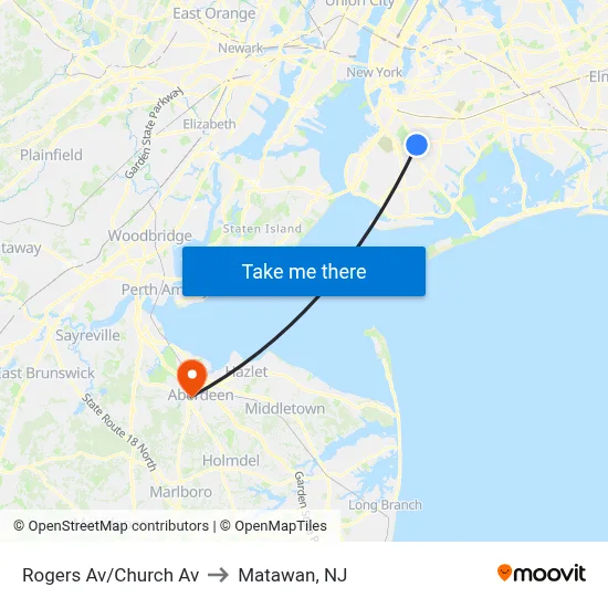 Rogers Av/Church Av to Matawan, NJ map