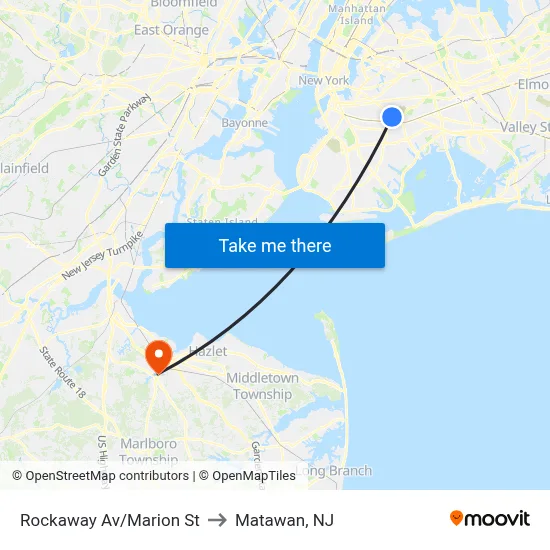 Rockaway Av/Marion St to Matawan, NJ map